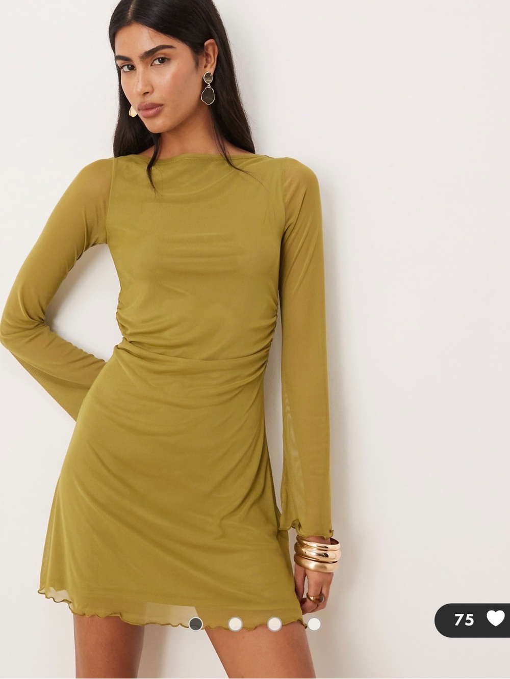 Long-Sleeve Olive Mesh Ruched Mini Dress